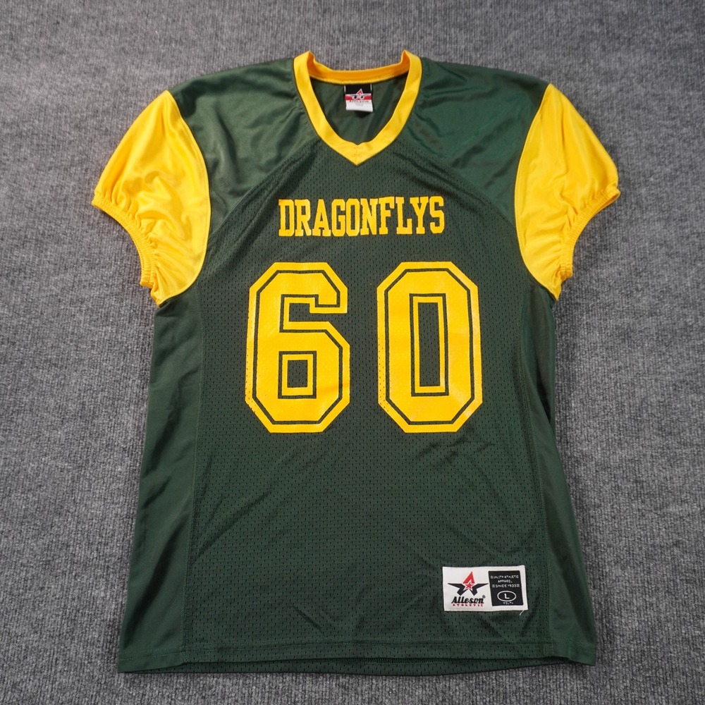 Alleson Athletic Football Jersey Large Green Yellow Dragonflys 60 Mesh V-Neck